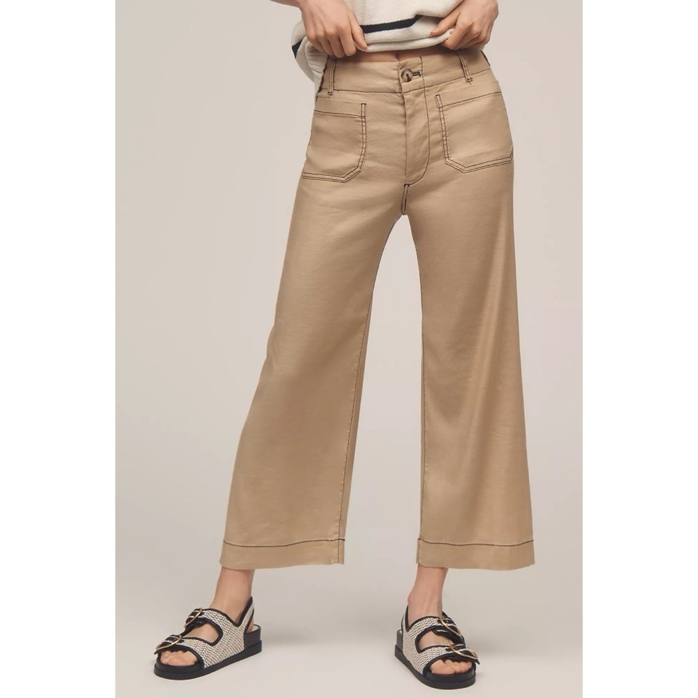 Anthropologie The Colette Linen Pants Wide Leg Contrast Maeve Khaki Tan 32